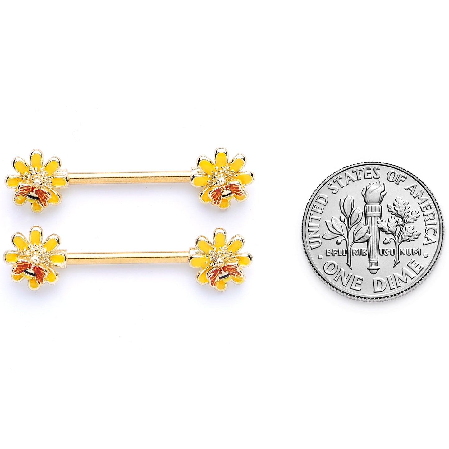 14G 9/16 Yellow Red Gold Tone Bee Flower Barbell Nipple Ring Set
