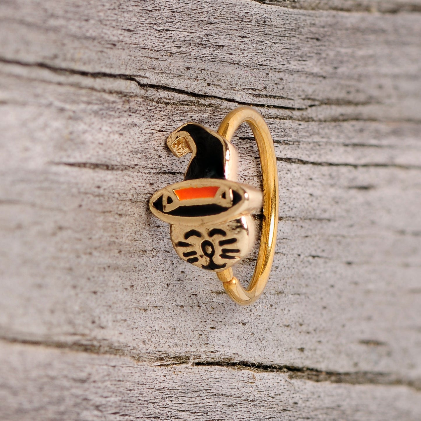 20G 5/16 Gold Tone Black Witch Hat Cat Halloween Nose Hoop