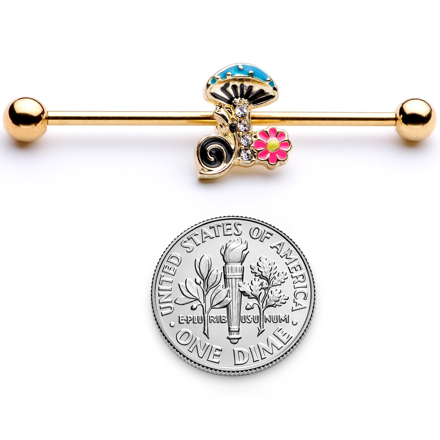 14G Gold Tone Snail Flower Magic Mushroom Industrial Barbell 38mm