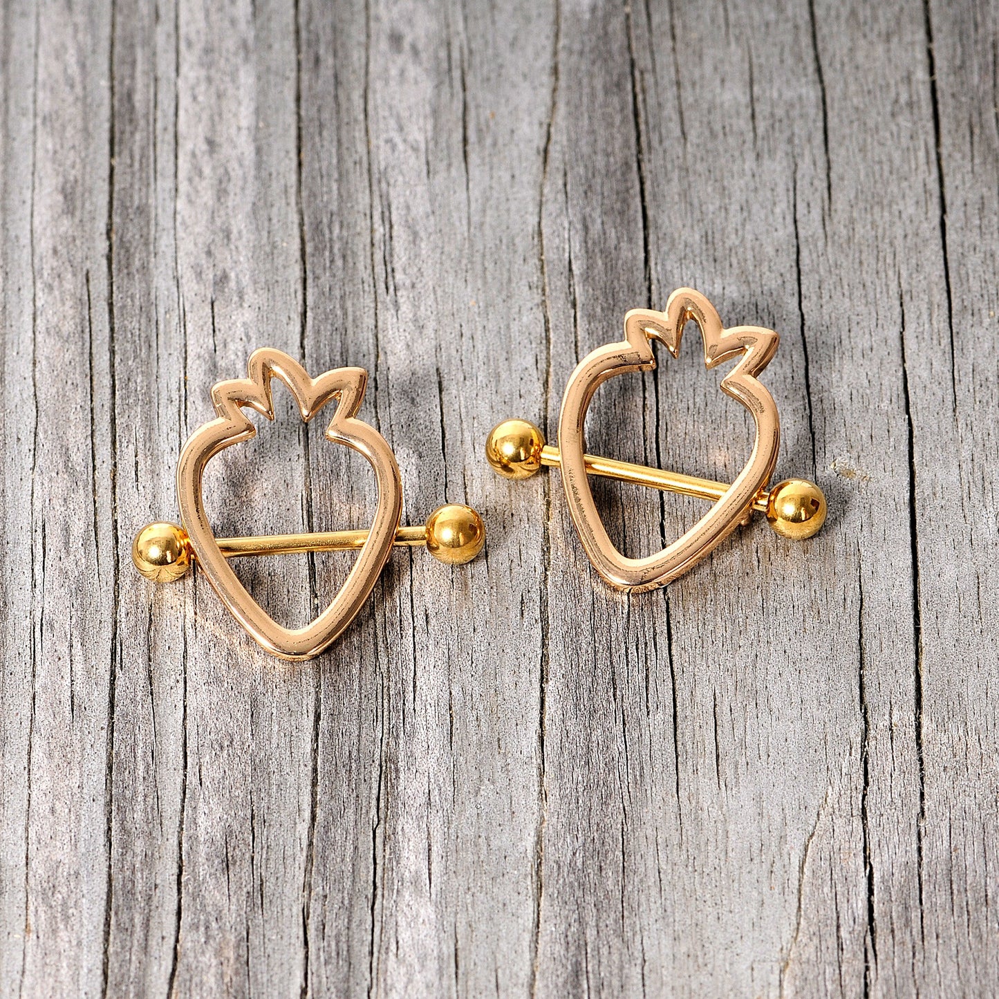 14G 3/4 Gold Tone Hollow Strawberry Nipple Shield Set