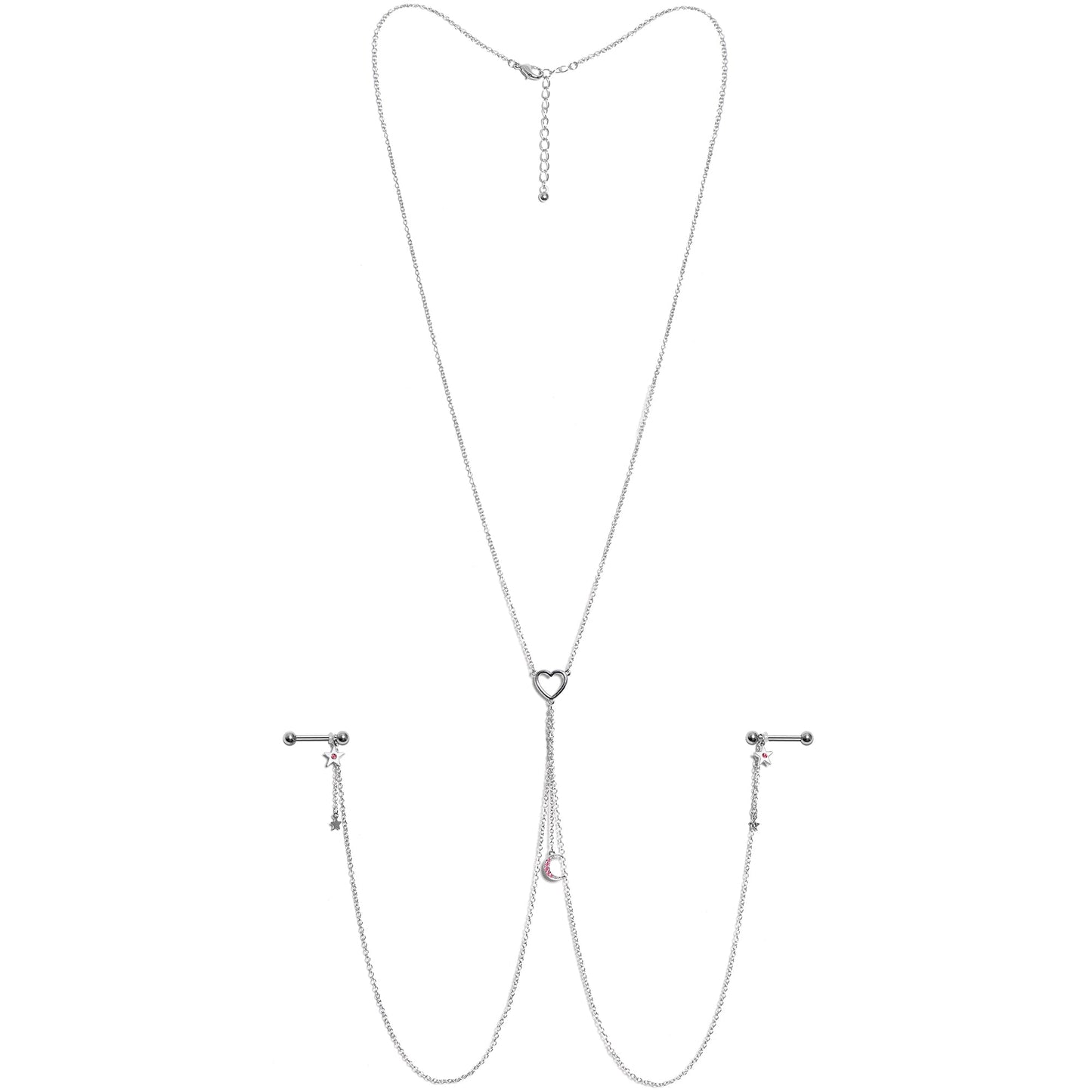14G 5/8 Pink Gem Moon Heart Star Nipple Chain Necklace