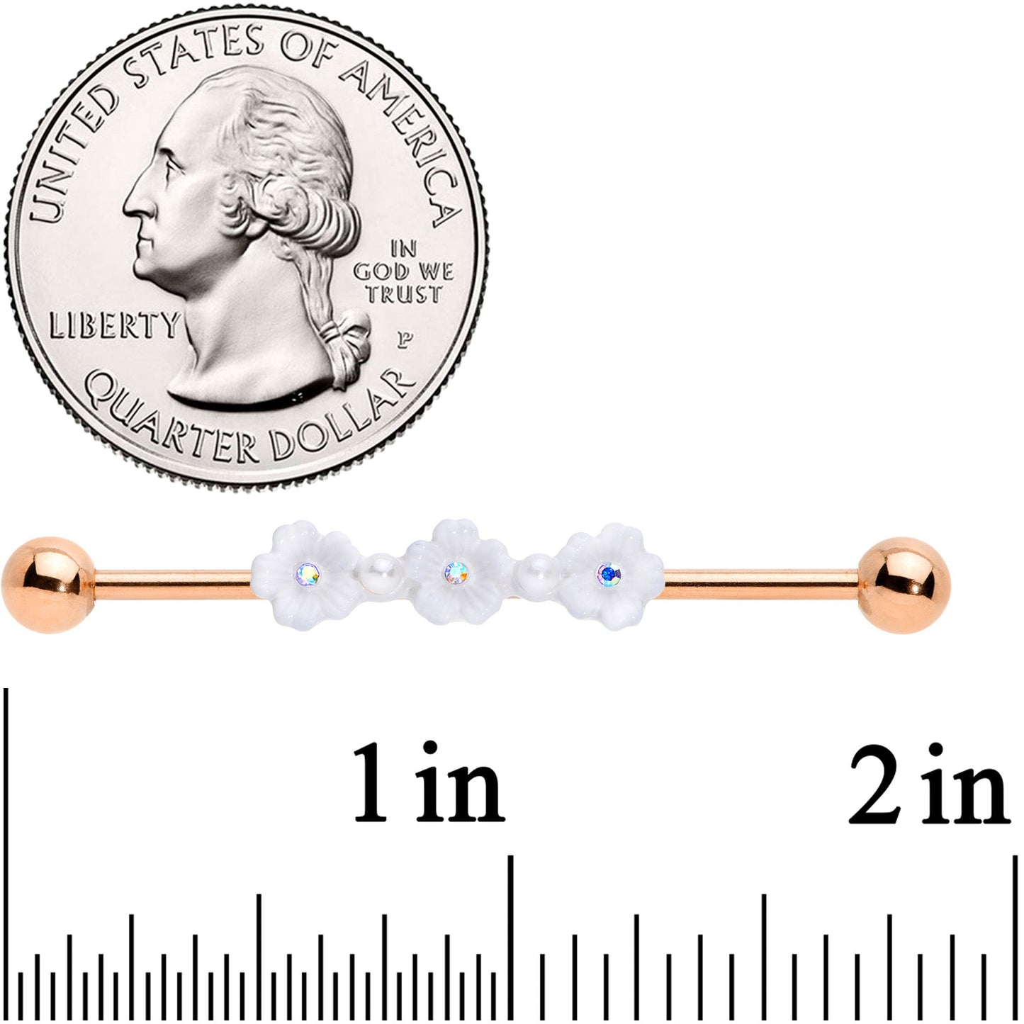 14G Aurora Gem Rose Gold Tone Flower Industrial Barbell 38mm