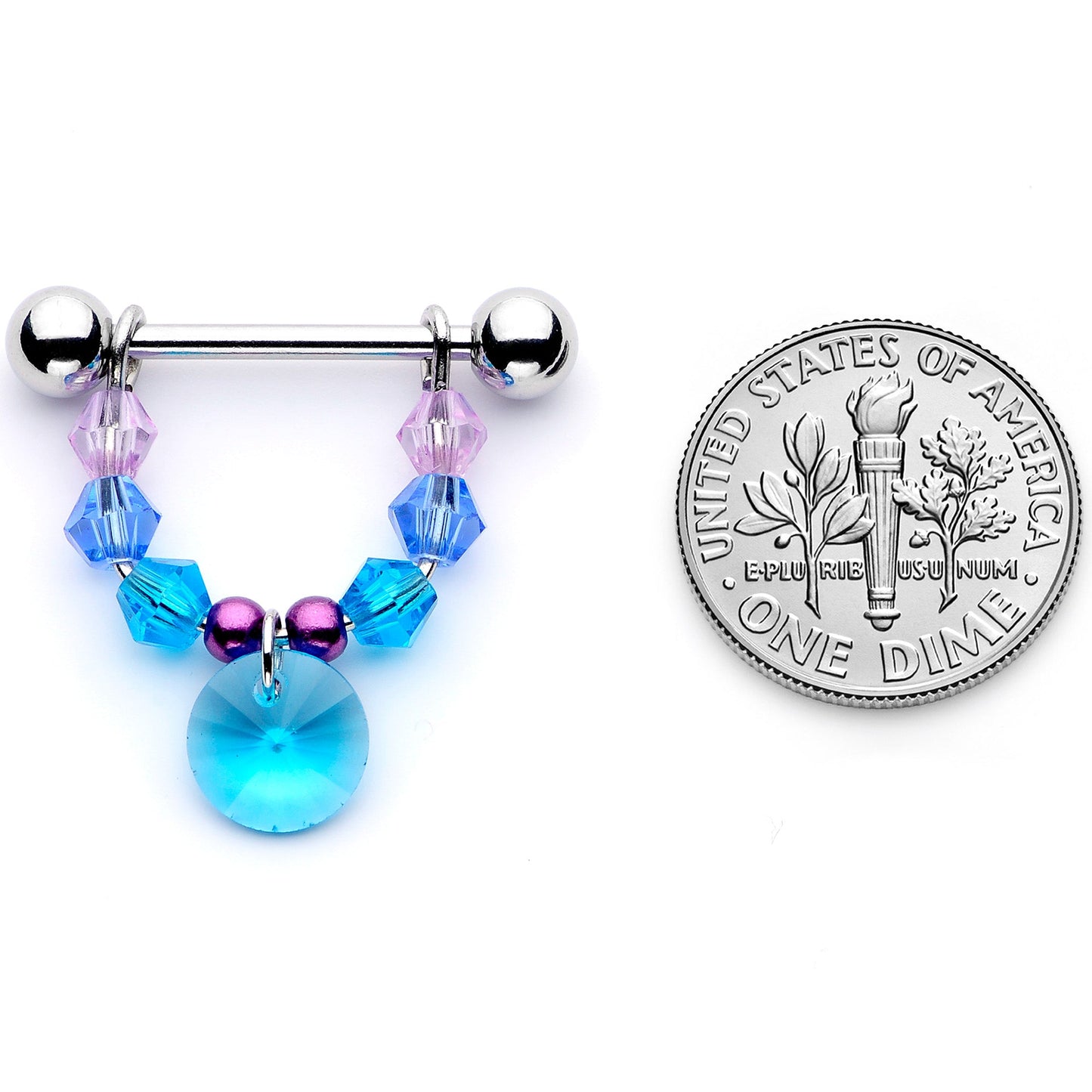 14G 5/8 Pink Aqua Gem Disc Dangle Barbell Nipple Ring Set