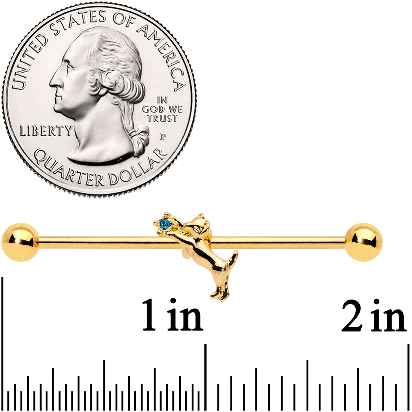14G Blue Gem Gold Tone Leaping Cat Industrial Barbell 38mm
