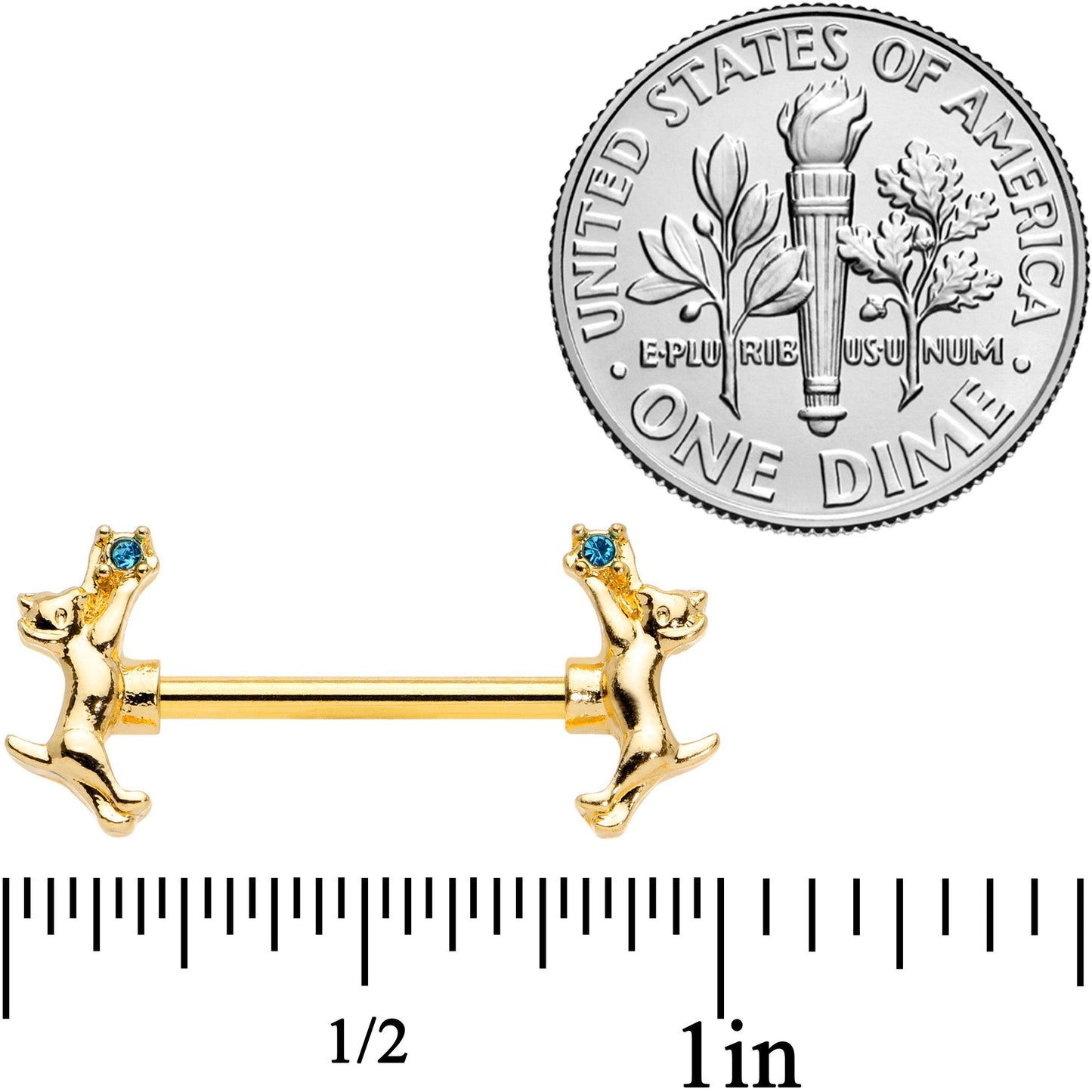 14G 9/16 Blue Gem Gold Tone Leaping Cat Barbell Nipple Ring Set