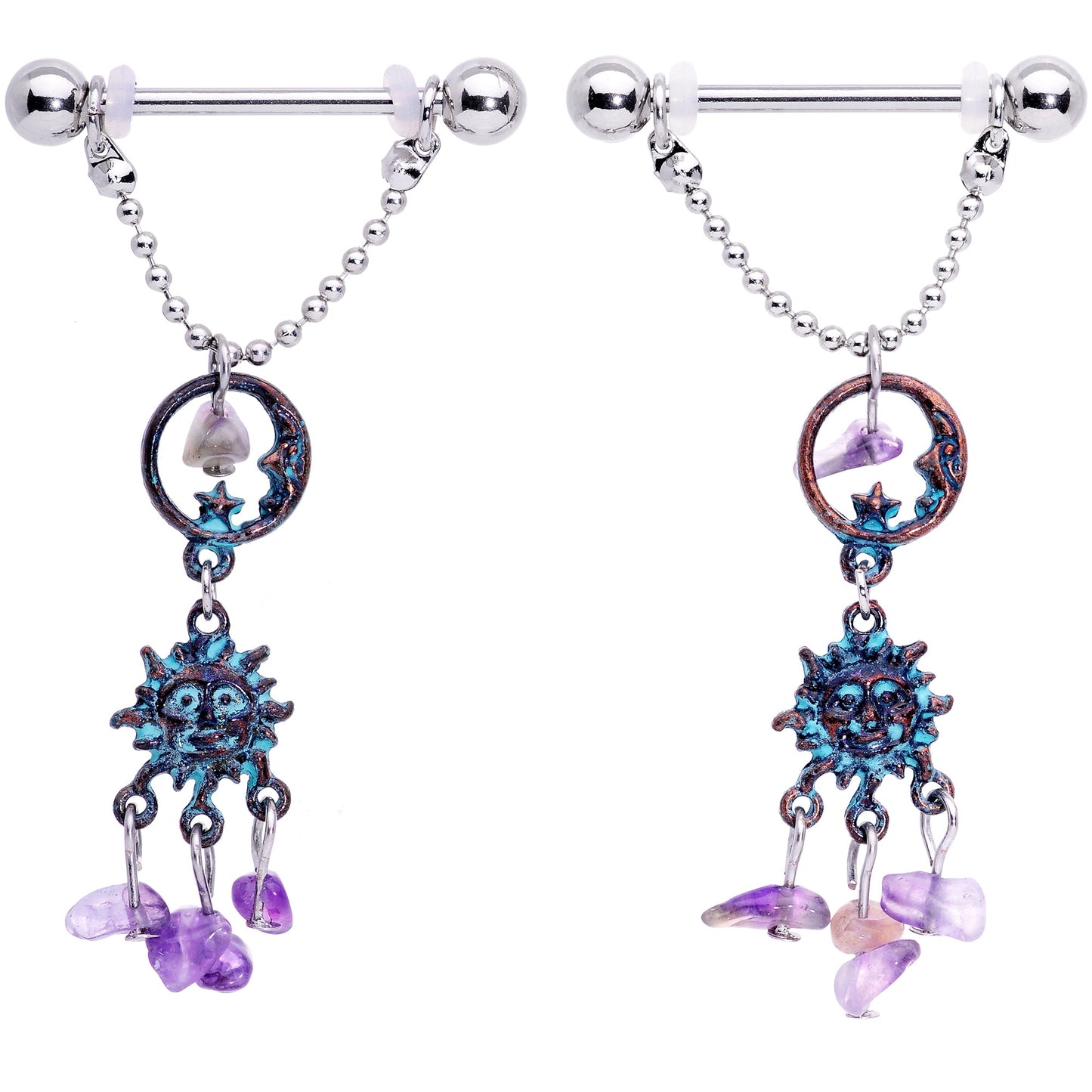 14G 5/8 Purple Gem Solstice Sun Moon Dangle Nipple Ring Set
