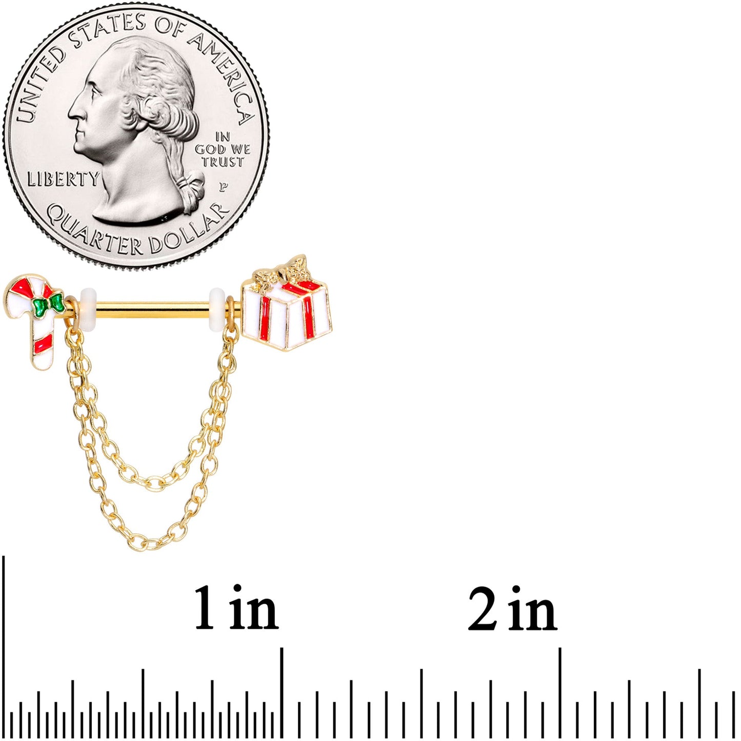 14G 5/8 Gold Tone Candy Cane Gift Holiday Dangle Nipple Ring Set