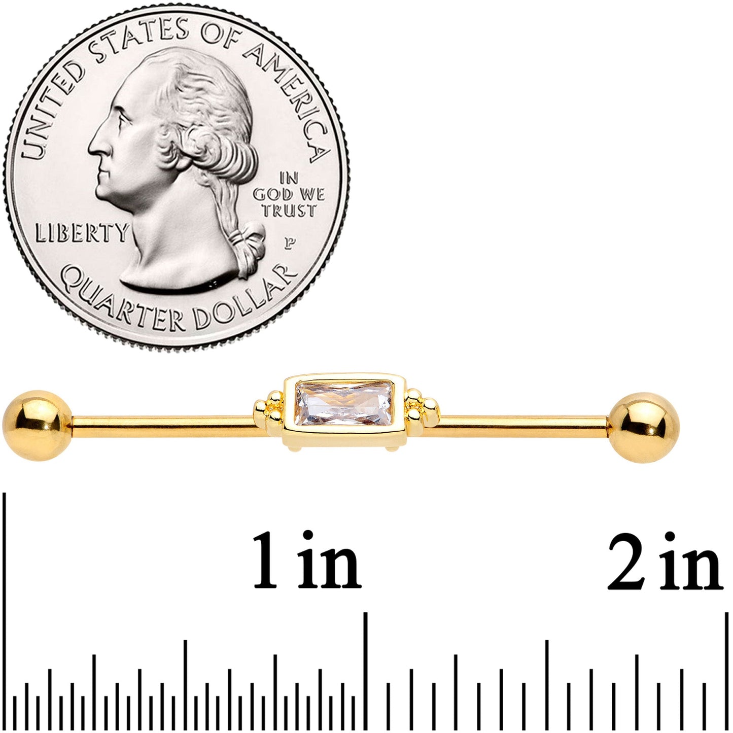 14G Clear CZ Gem Gold Tone Oblong Industrial Barbell 38mm