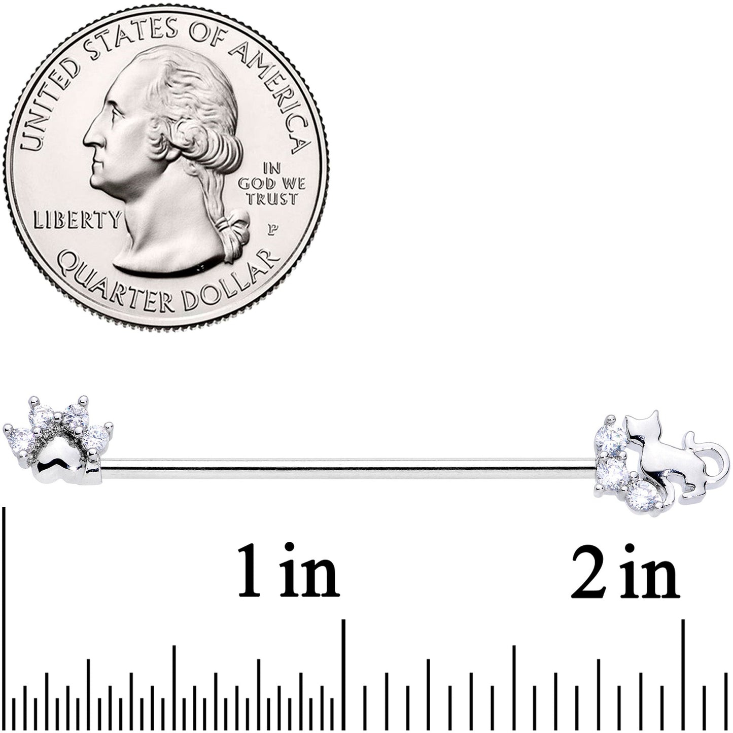 14G Clear CZ Gem Paw Print Cat Industrial Barbell 38mm