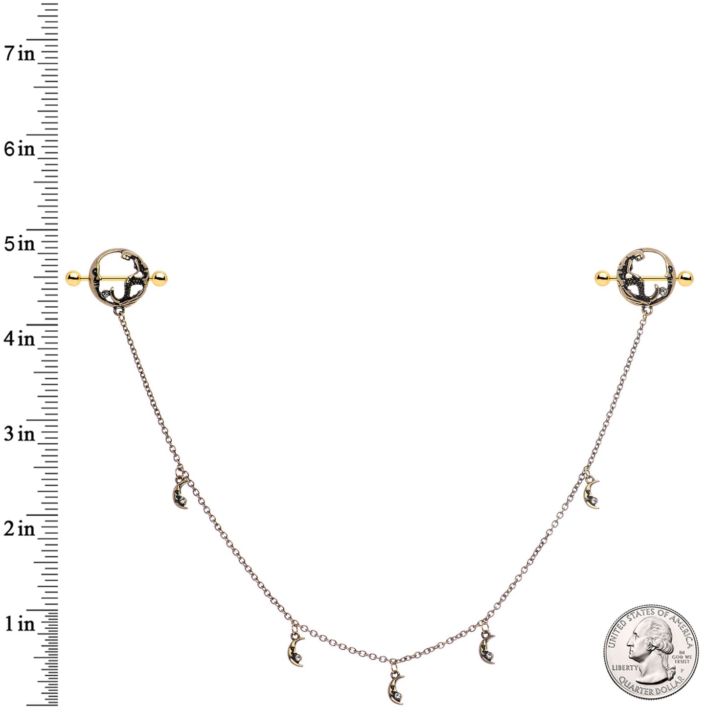 14G Clear Gem Gold Tone Moon Mermaid Nipple Shield Dangle Chain