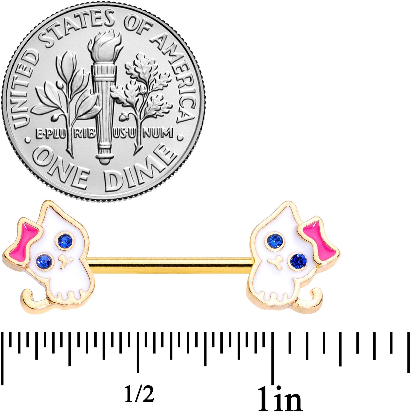 14G 9/16 Blue Gem Gold Tone Kitty Cat Barbell Nipple Ring Set