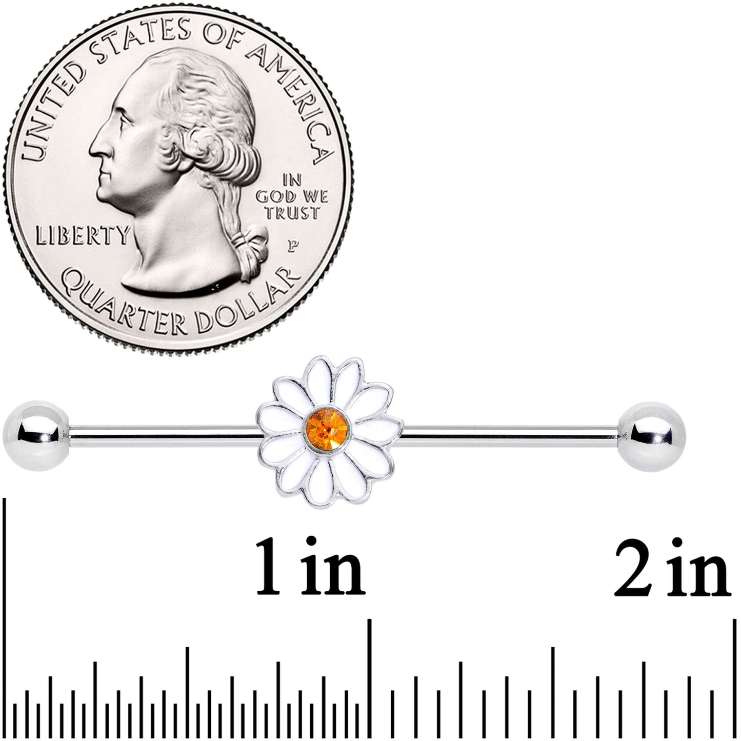 14G Yellow Gem White Daisy Flower Industrial Barbell 38mm