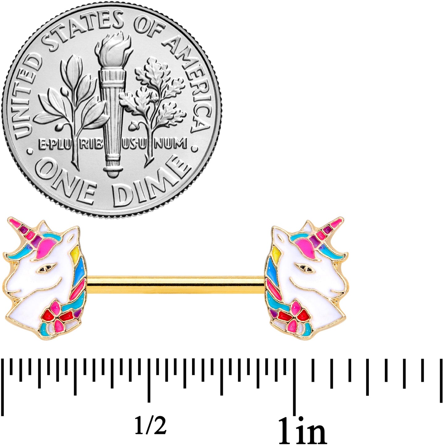 14G 9/16 Gold Tone Rainbow Unicorn Barbell Nipple Ring Set