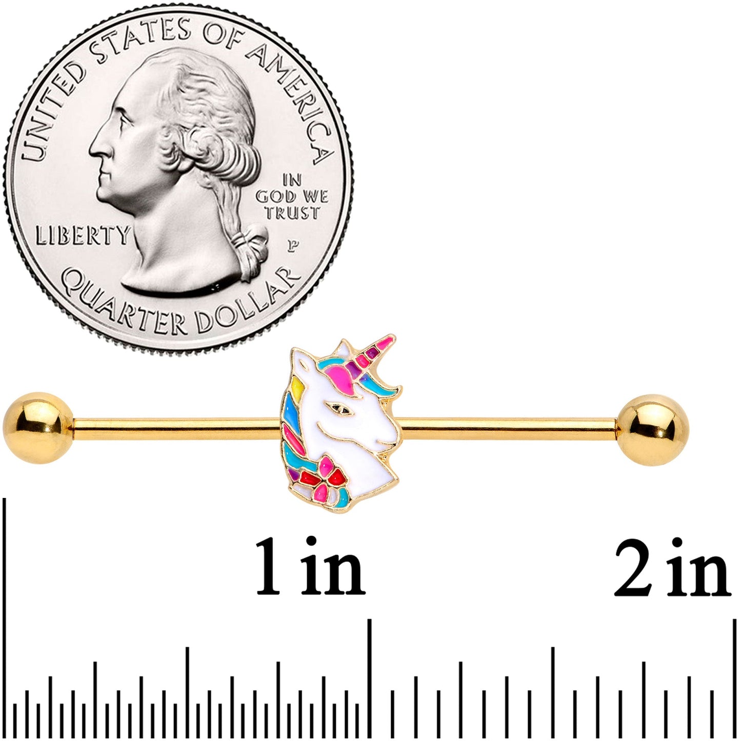 14G Gold Tone Rainbow Unicorn Industrial Barbell 38mm