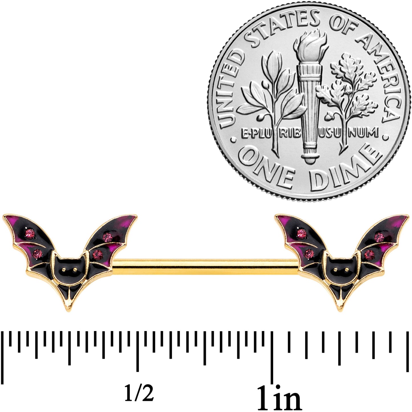 14G 9/16 Pink Gem Gold Tone Bat Halloween Barbell Nipple Ring Set