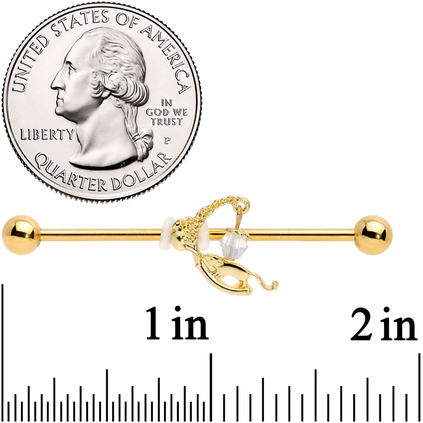 14G Clear Gem Gold Tone Mouse Moon Industrial Barbell 38mm