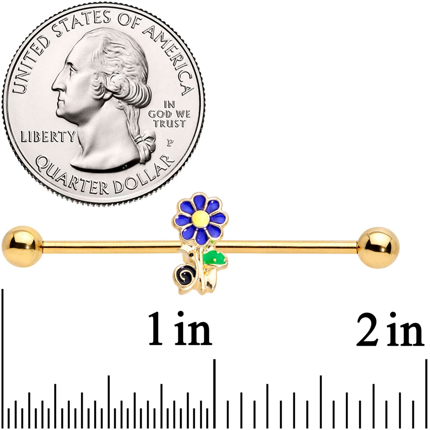 14G Gold Tone Blue Green Snail Flower Industrial Barbell 38mm