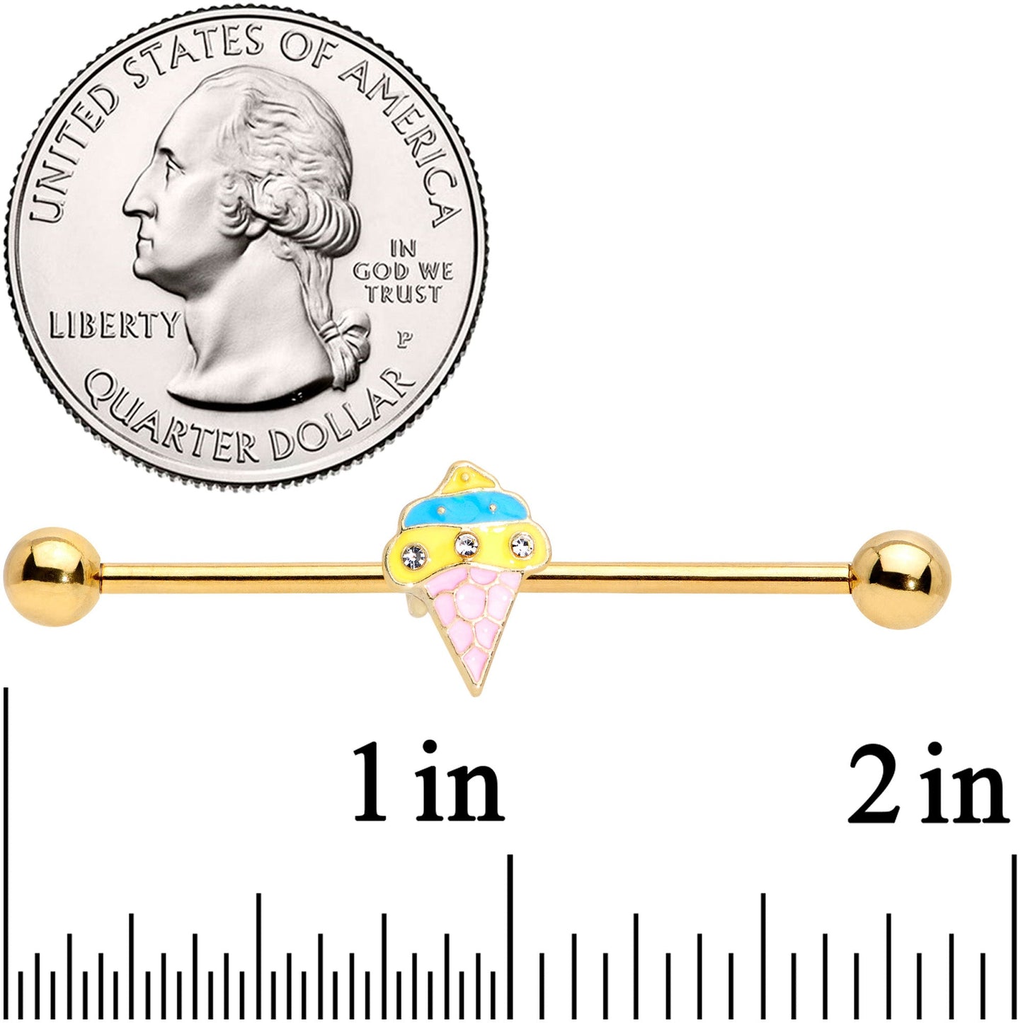 14G Clear Gem Gold Tone Ice Cream Cone Industrial Barbell 38mm