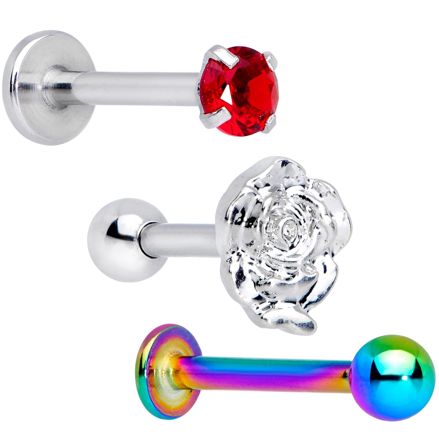 16G 1/4 Red Gem Rainbow Flower Labret Monroe Tragus Set of 3