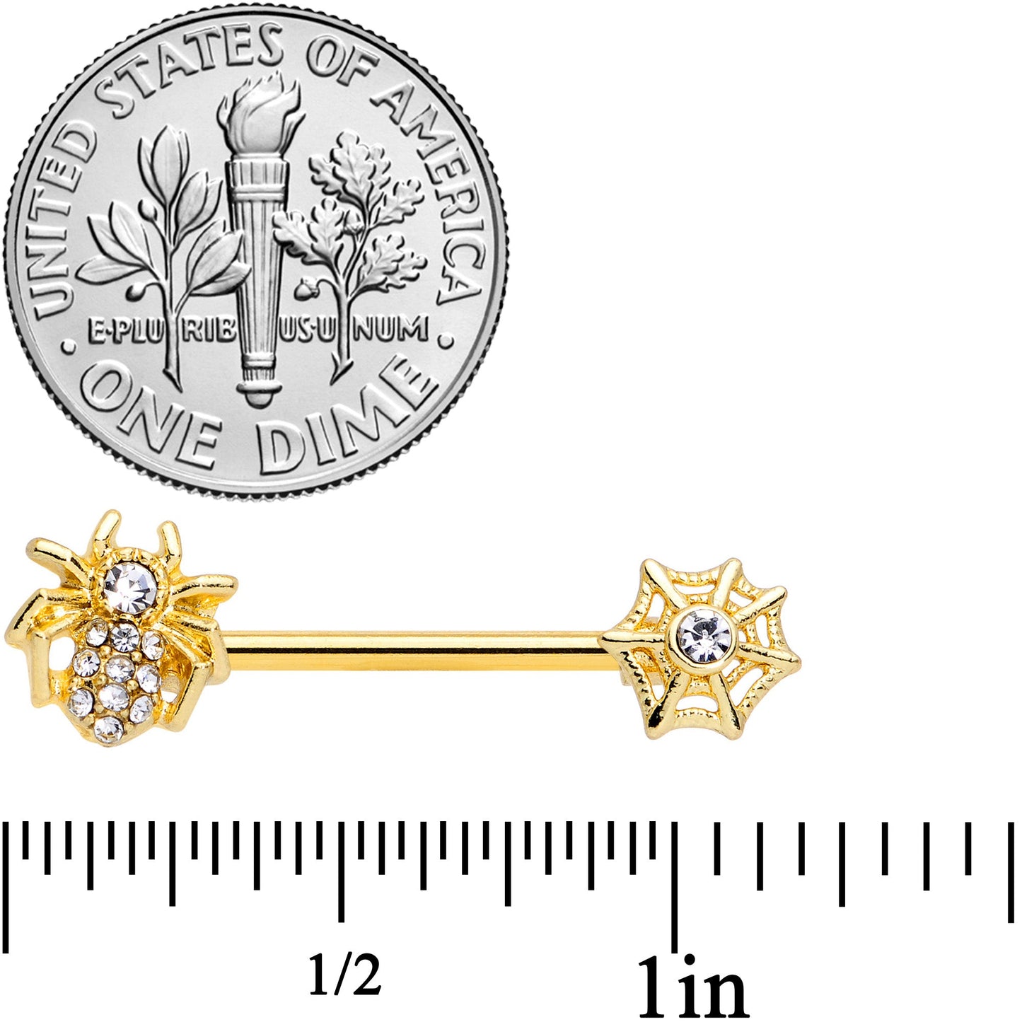 14G 5/8 Clear Gem Gold Tone Spider Web Barbell Nipple Ring Set