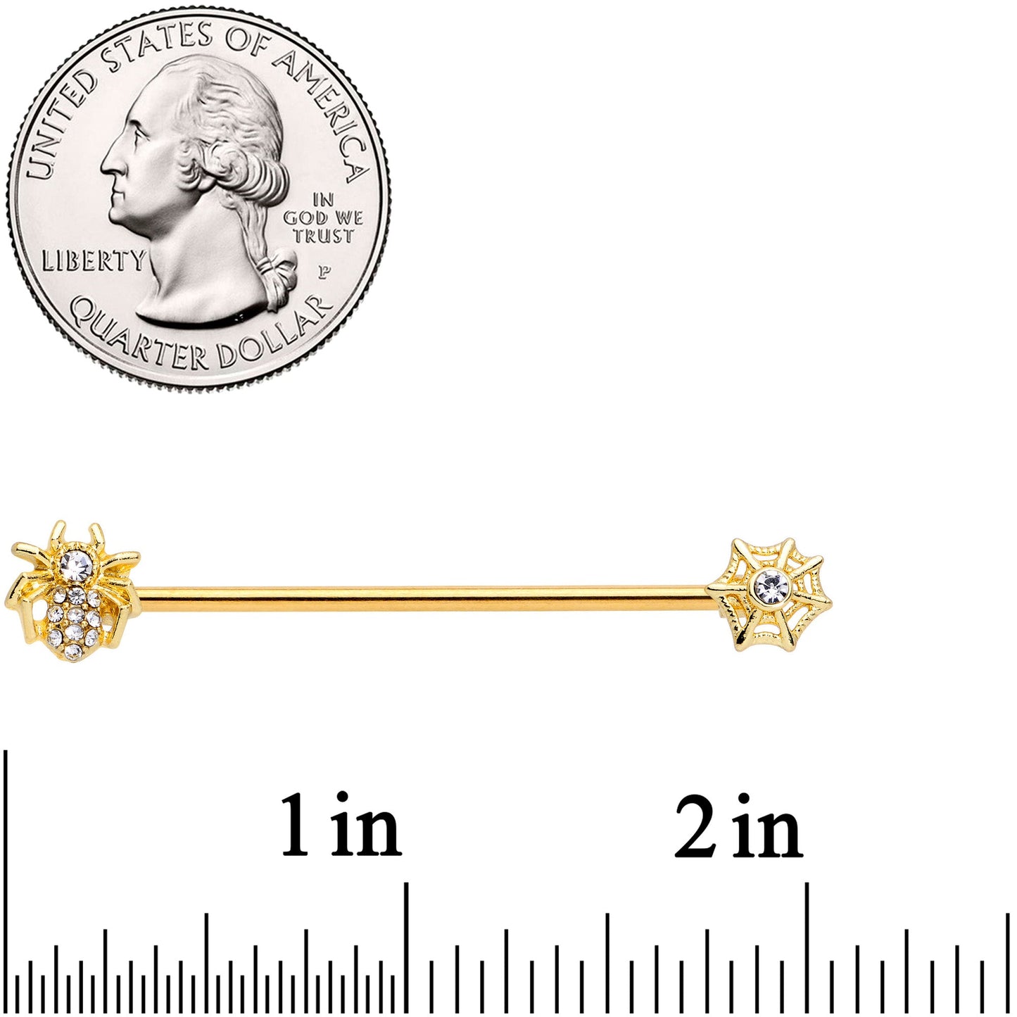 14G Clear Gem Gold Tone Spider Halloween Industrial Barbell 38mm