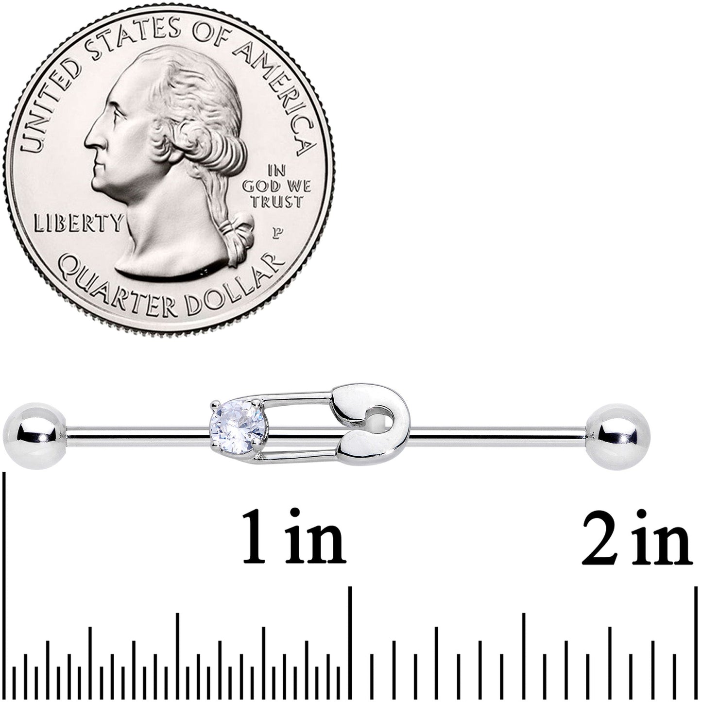 14G Clear CZ Gem Punk Safety Pin Industrial Barbell 38mm