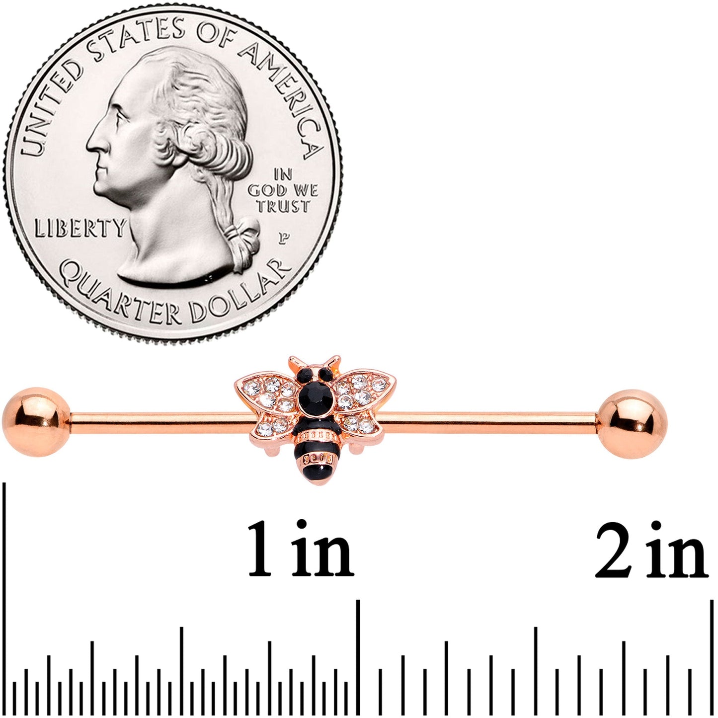 14G Clear Black Gem Rose Gold Tone Bee Industrial Barbell 38mm