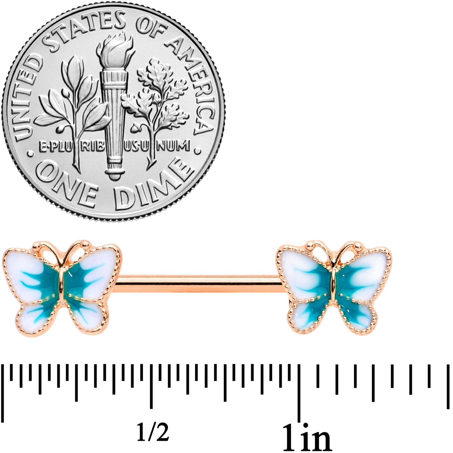 14G 9/16 Rose Gold Tone White Green Butterfly Barbell Nipple Set