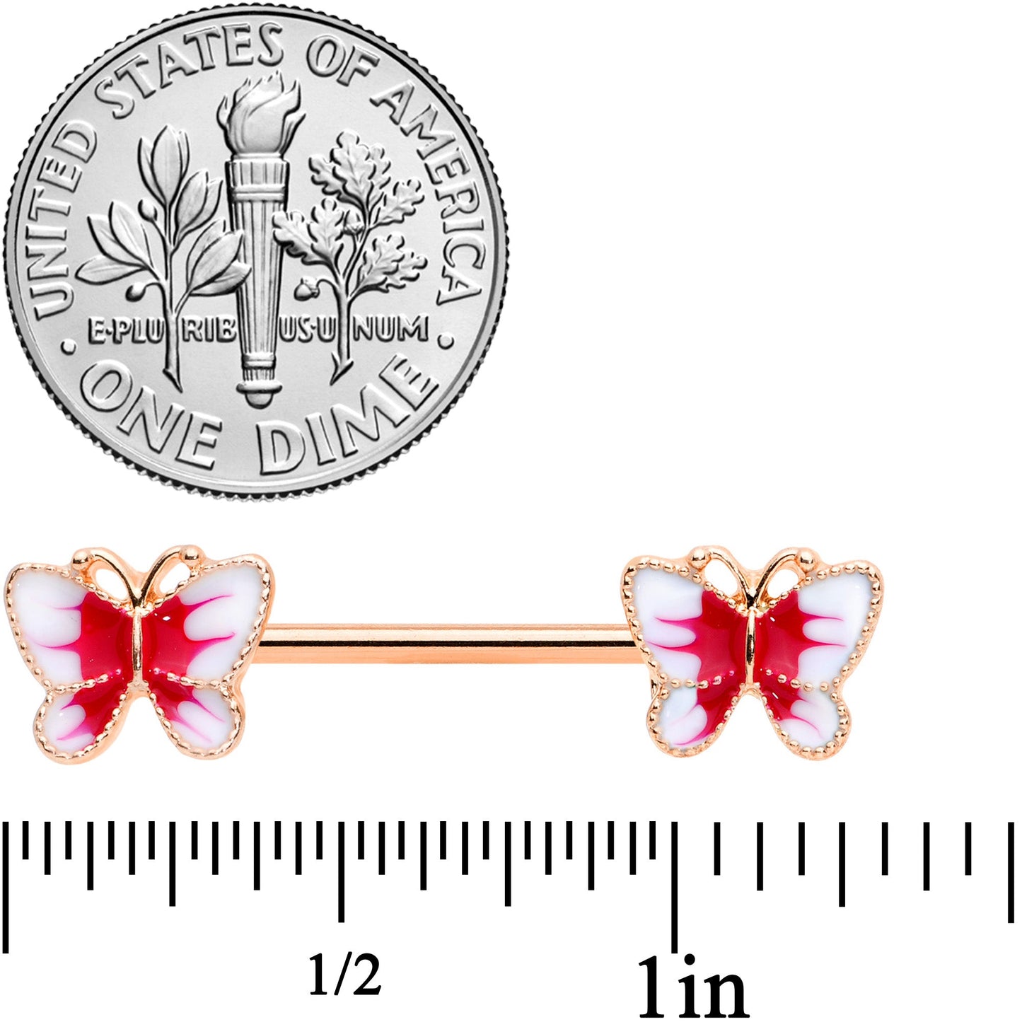 14G 9/16 Rose Gold Tone White Red Butterfly Barbell Nipple Set