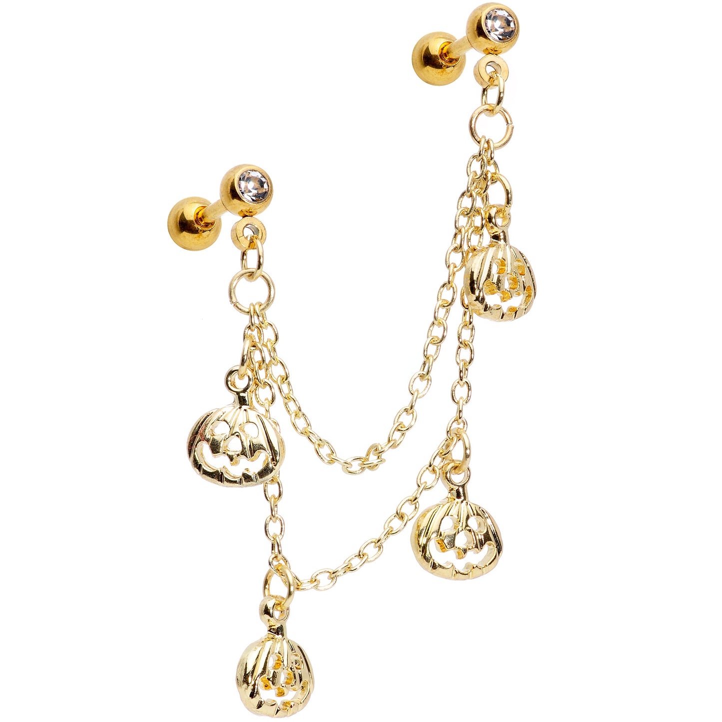 16G 1/4 Clear Gem Gold Tone Pumpkin Cartilage Chain Earring