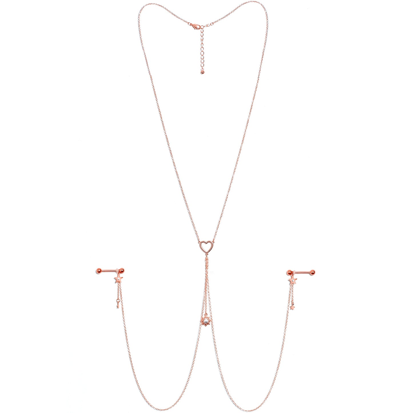 14G 5/8 Clear Gem Rose Gold Hue Star Sun Nipple Chain Necklace