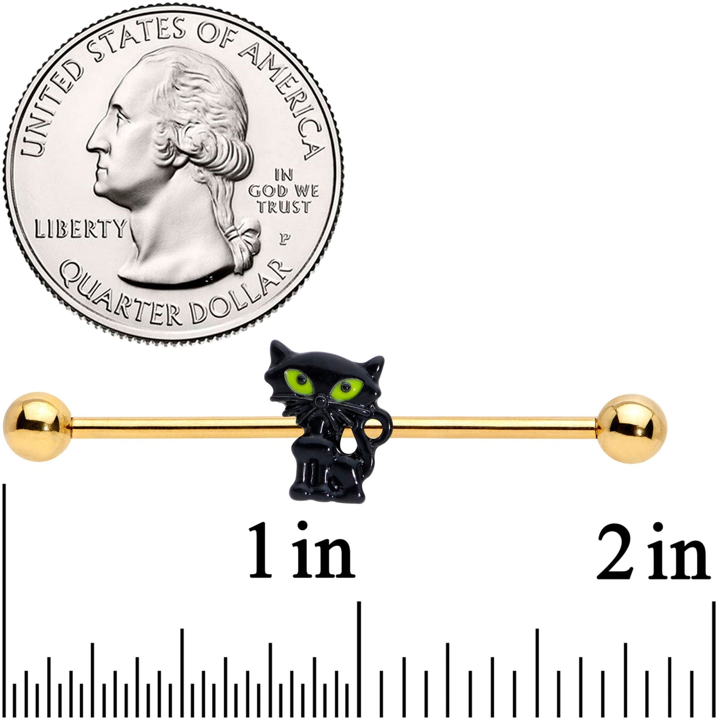14G Gold Tone Black Cat Halloween Industrial Barbell 38mm