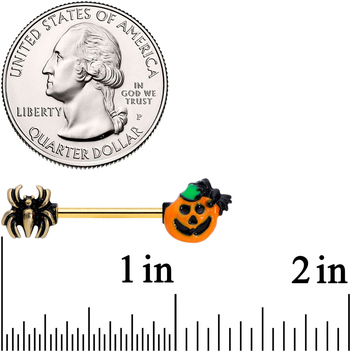 14G 5/8 Gold Tone Spider Pumpkin Halloween Barbell Nipple Set