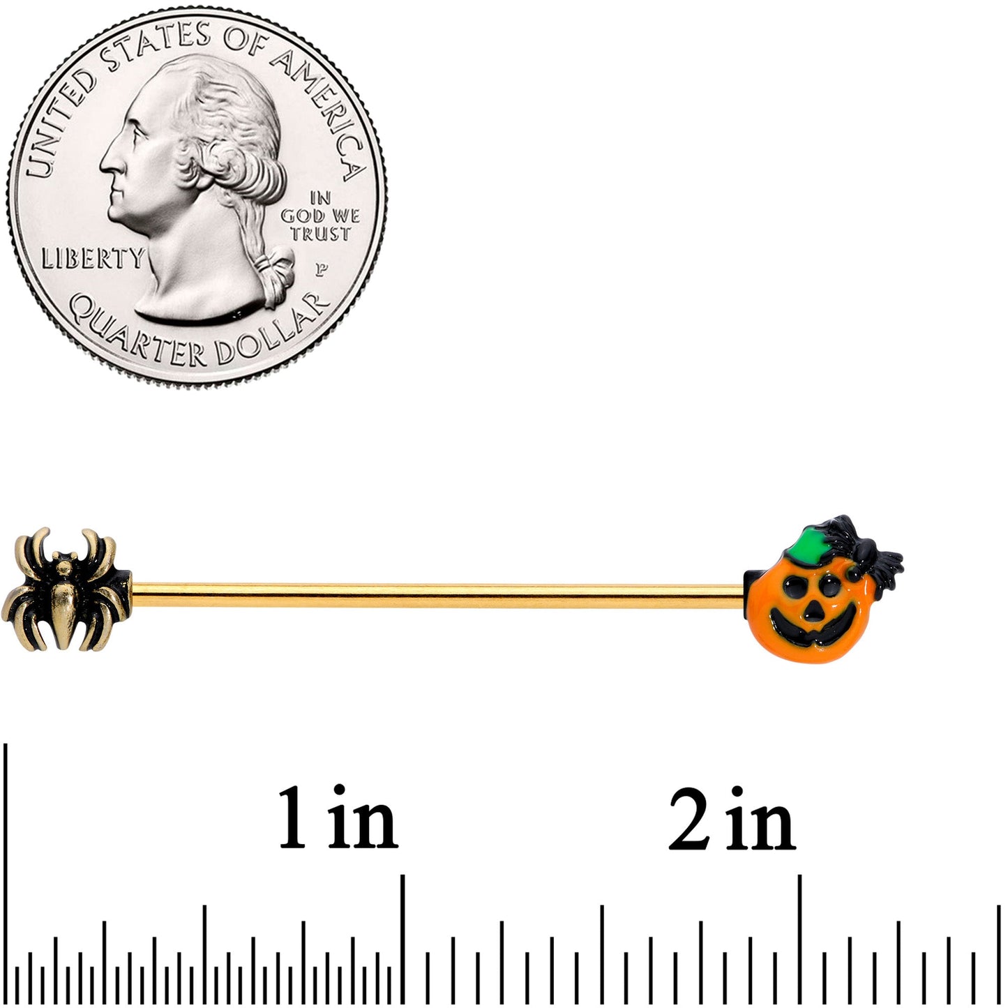 14G Gold Tone Spider Pumpkin Halloween Industrial Barbell 38mm