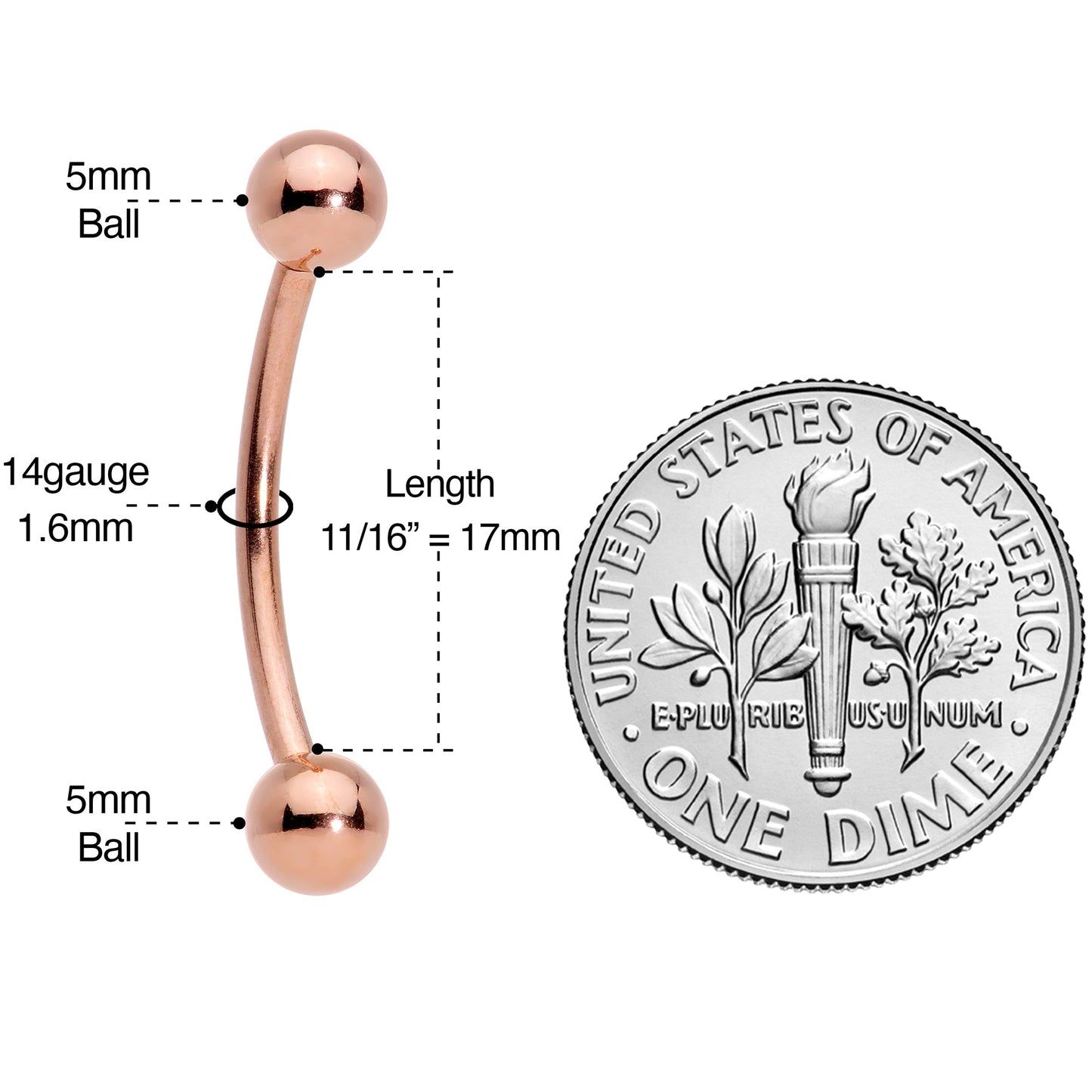 14G 5/8 Rose Gold Tone Anodized Curved Barbell