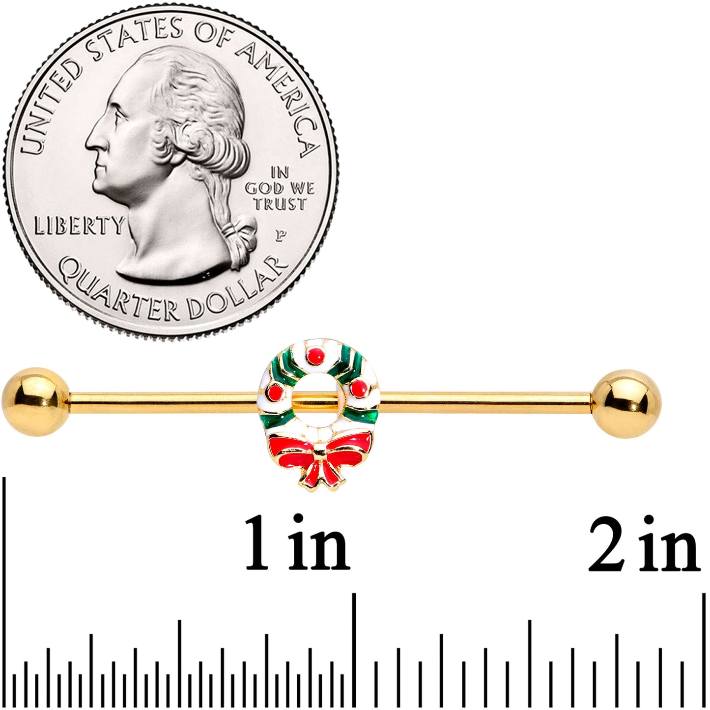14G Gold Tone PVD Christmas Wreath Industrial Barbell 38mm