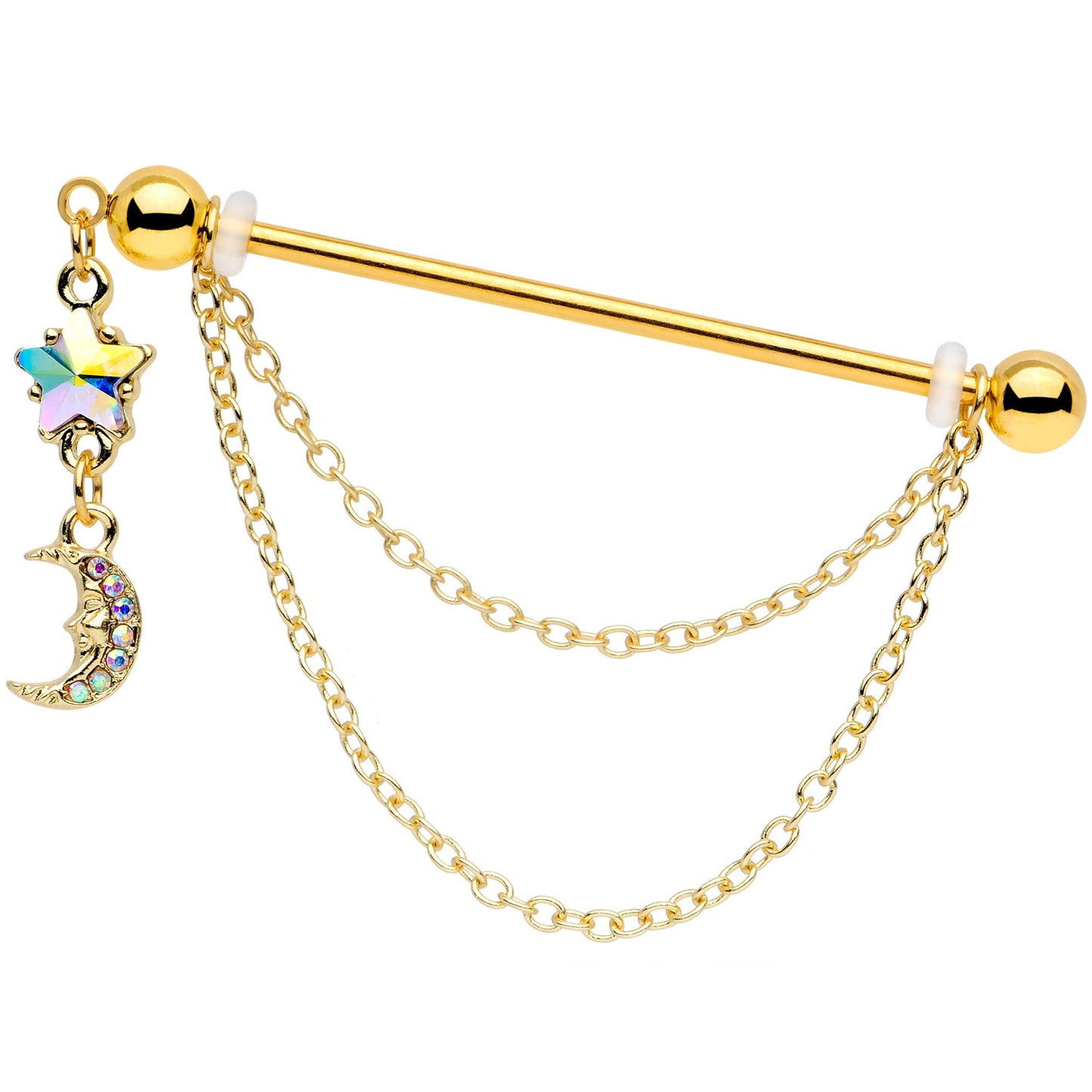 14G Aurora Gem Gold Tone Moon Star Chain Industrial Barbell 38mm