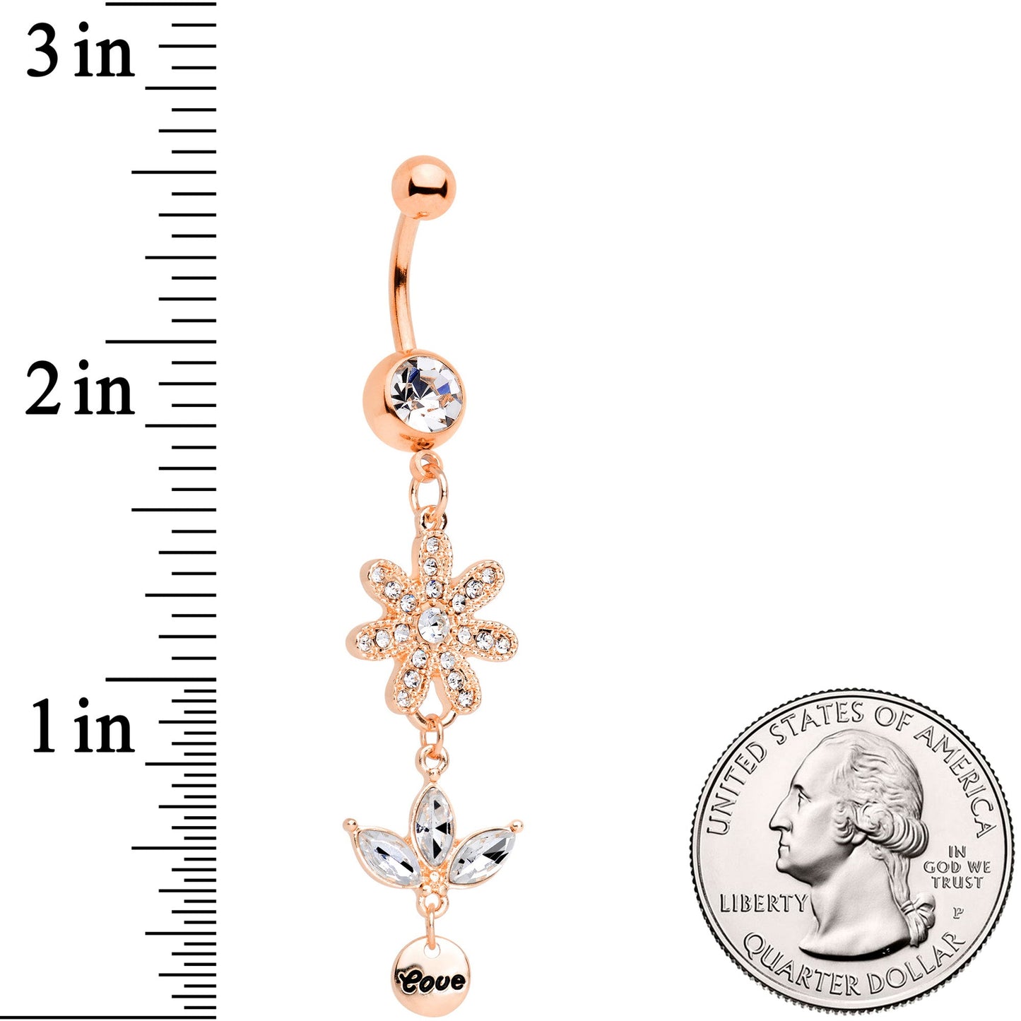 Clear Gem Rose Gold Tone Flower Leaves Love Dangle Belly Ring