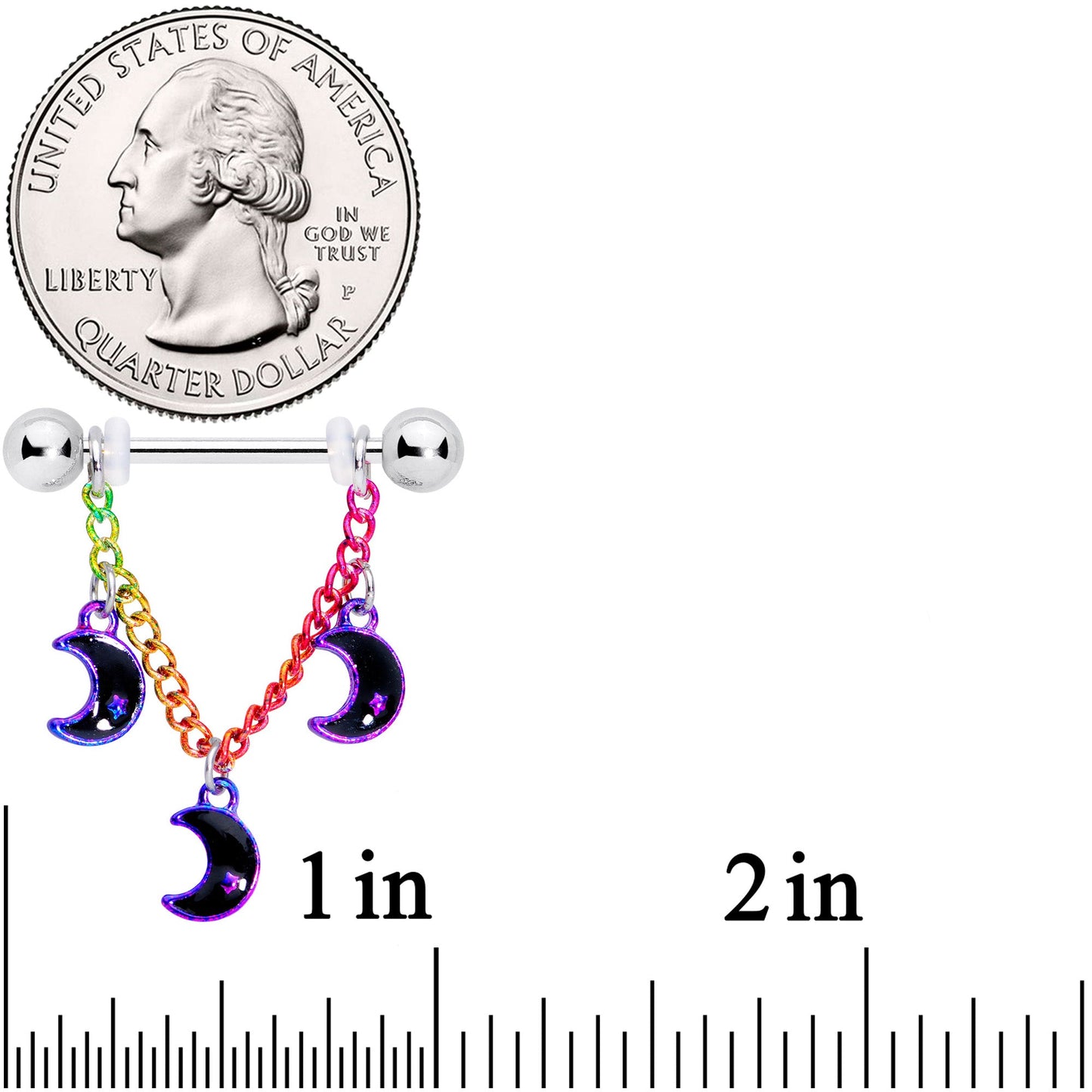 14G 11/16 Rainbow Triple Crescent Moon Dangle Nipple Ring Set