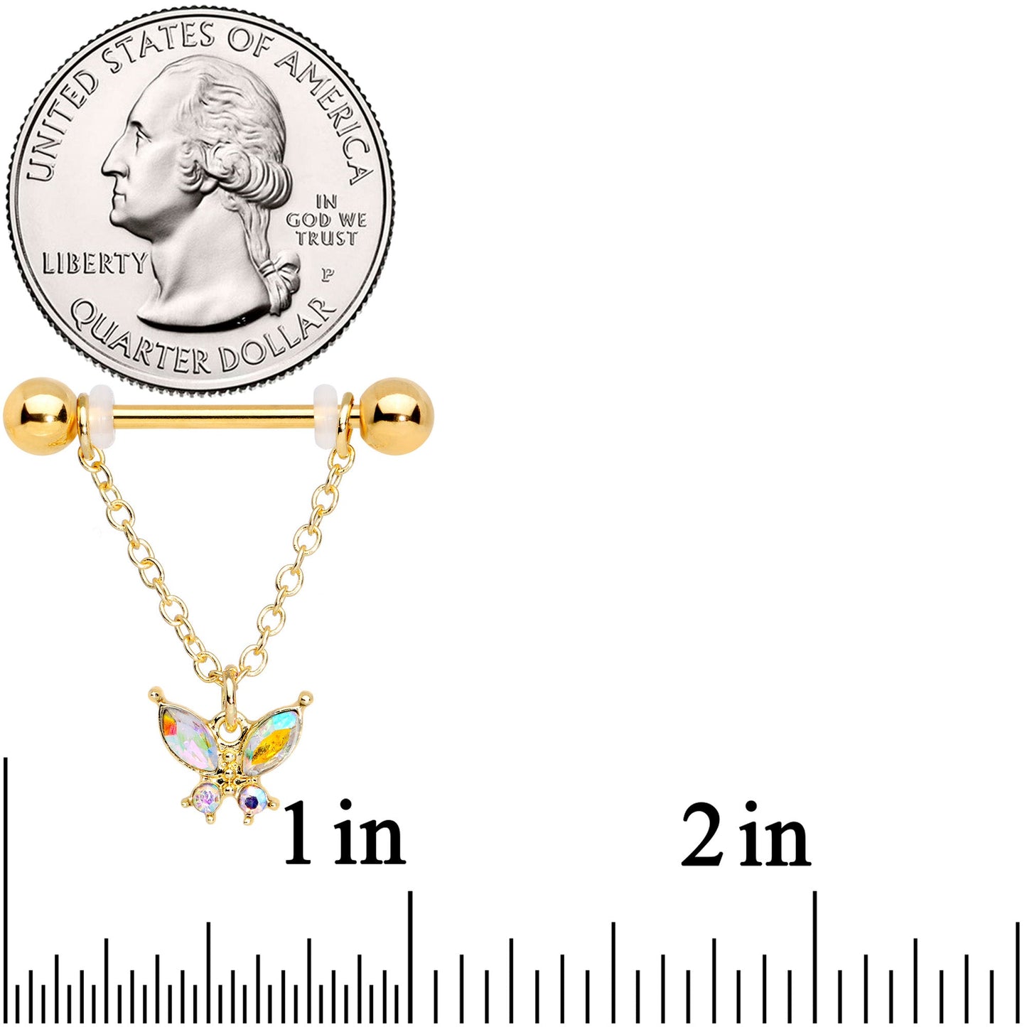 14G 11/16 Aurora Gem Gold Tone Butterfly Dangle Nipple Ring Set