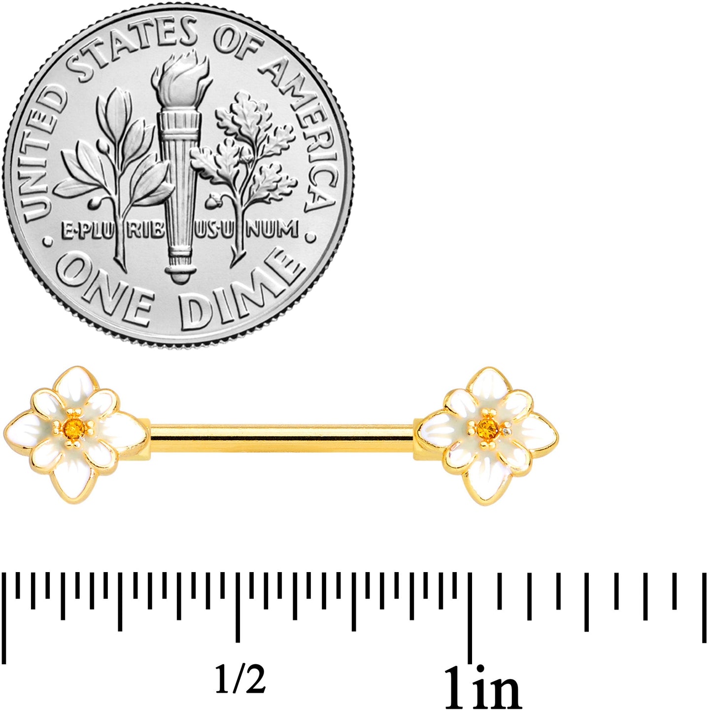 14G 9/16 Yellow Gem Gold Tone Flower Barbell Nipple Ring Set