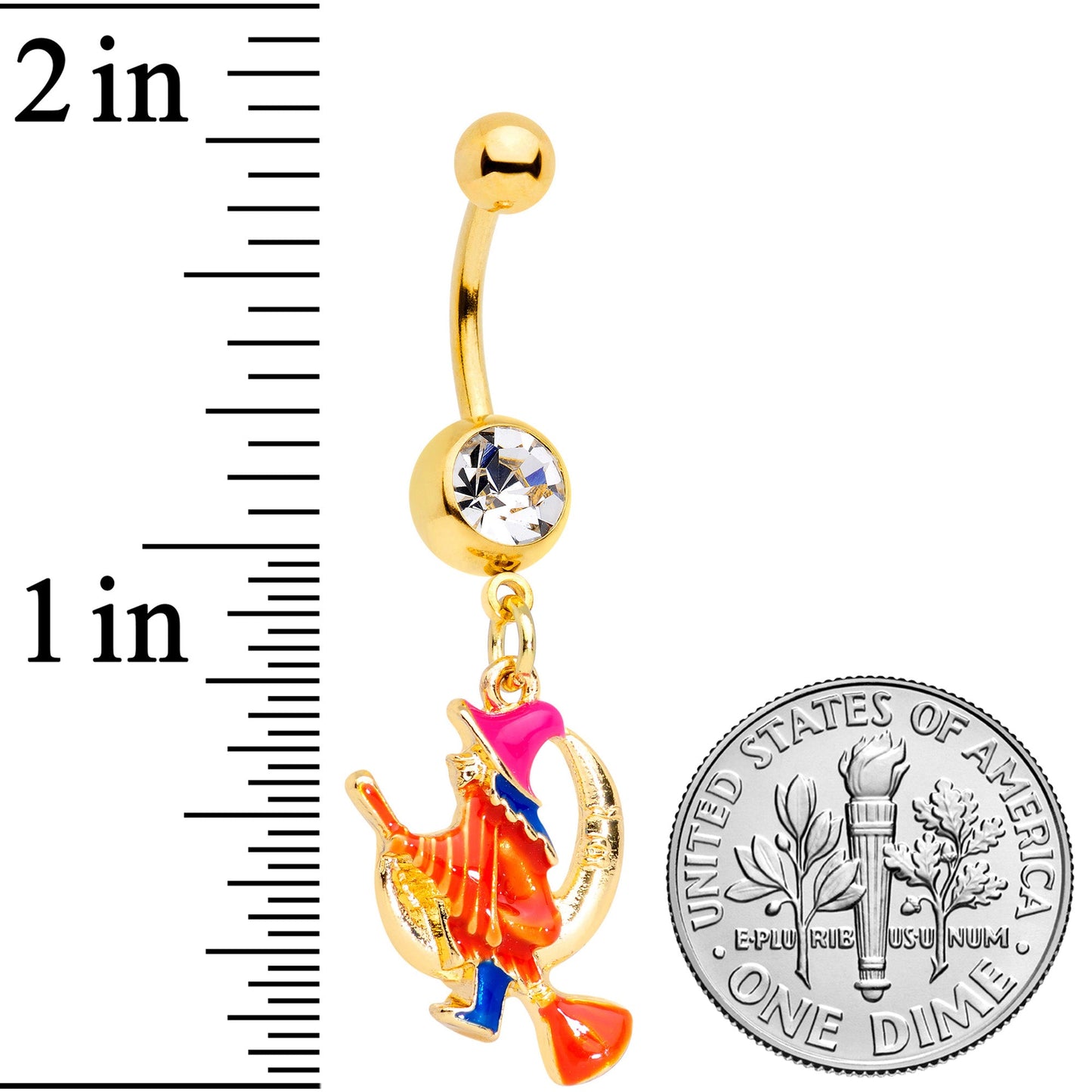 Clear Gem Gold Tone Red Witch Moon Halloween Dangle Belly Ring