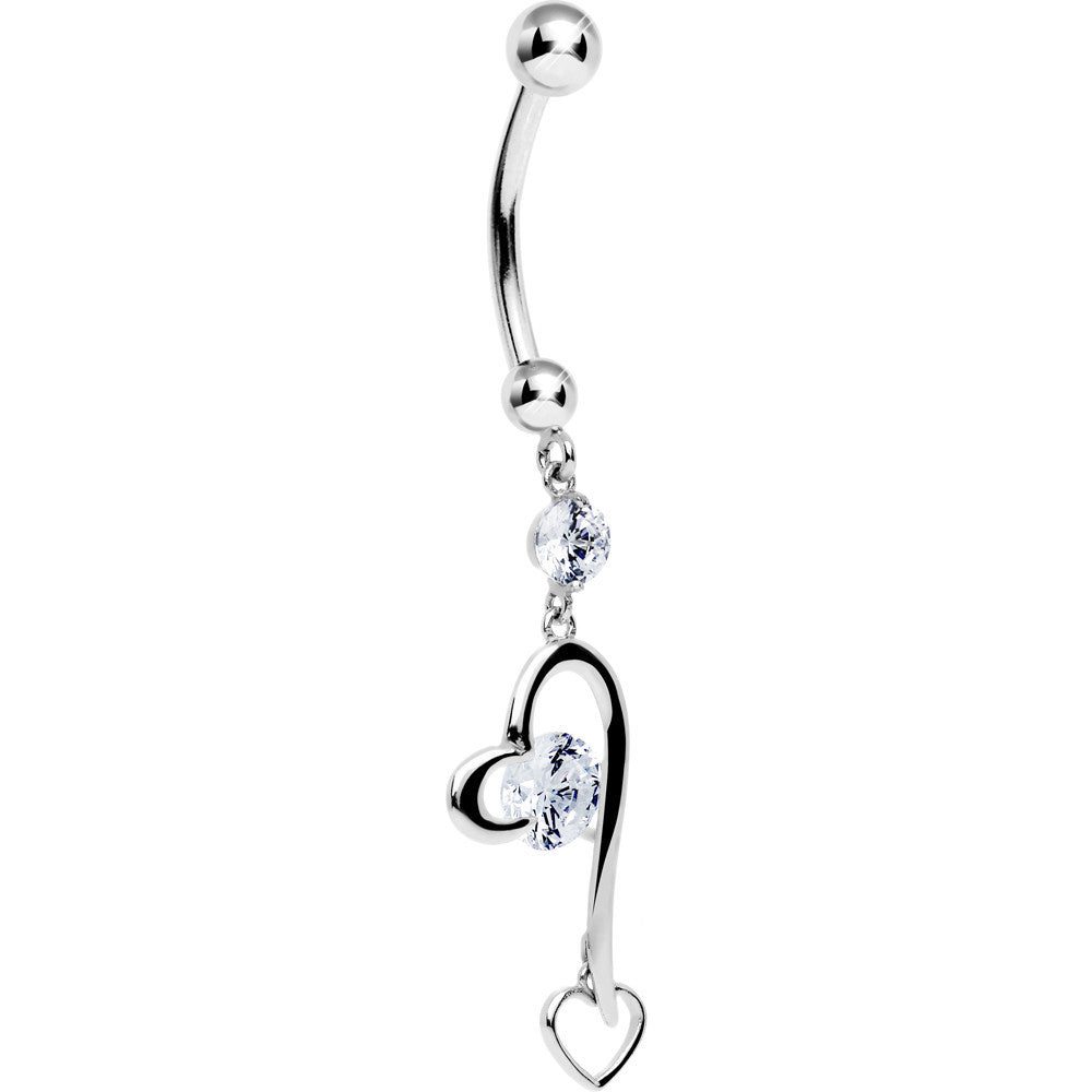 16G Solid 14K White Gold Cubic Zirconia HEART FANTASY Dangle Belly Ring