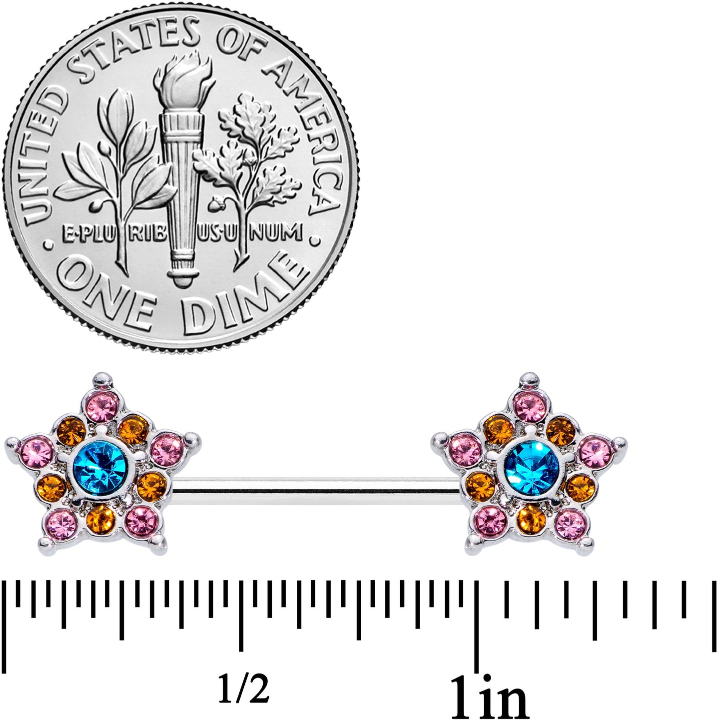 14G 9/16 Pink Yellow Blue Gem Showy Stars Barbell Nipple Ring Set