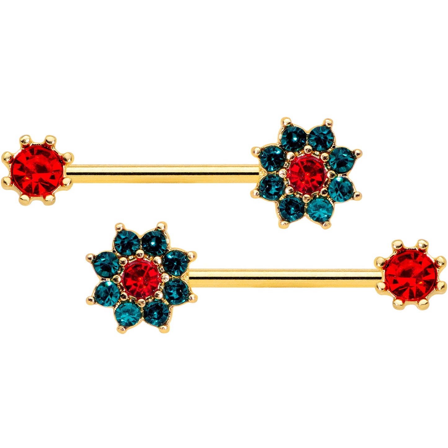 14G 9/16 Red Green Gem Gold Tone Christmas Flower Nipple Ring Set