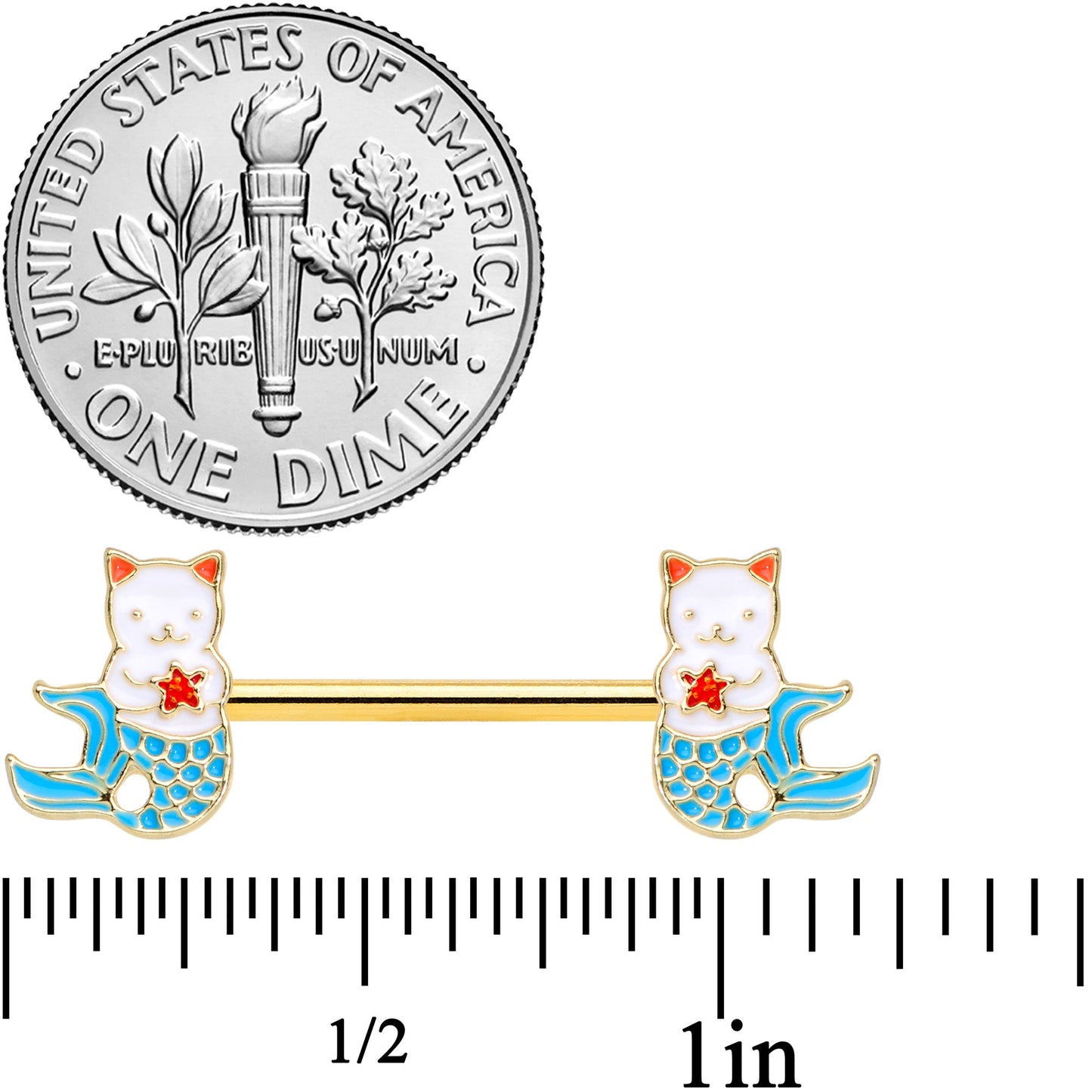 14G 9/16 Gold Tone Blue Star Cat Mermaid Barbell Nipple Ring Set