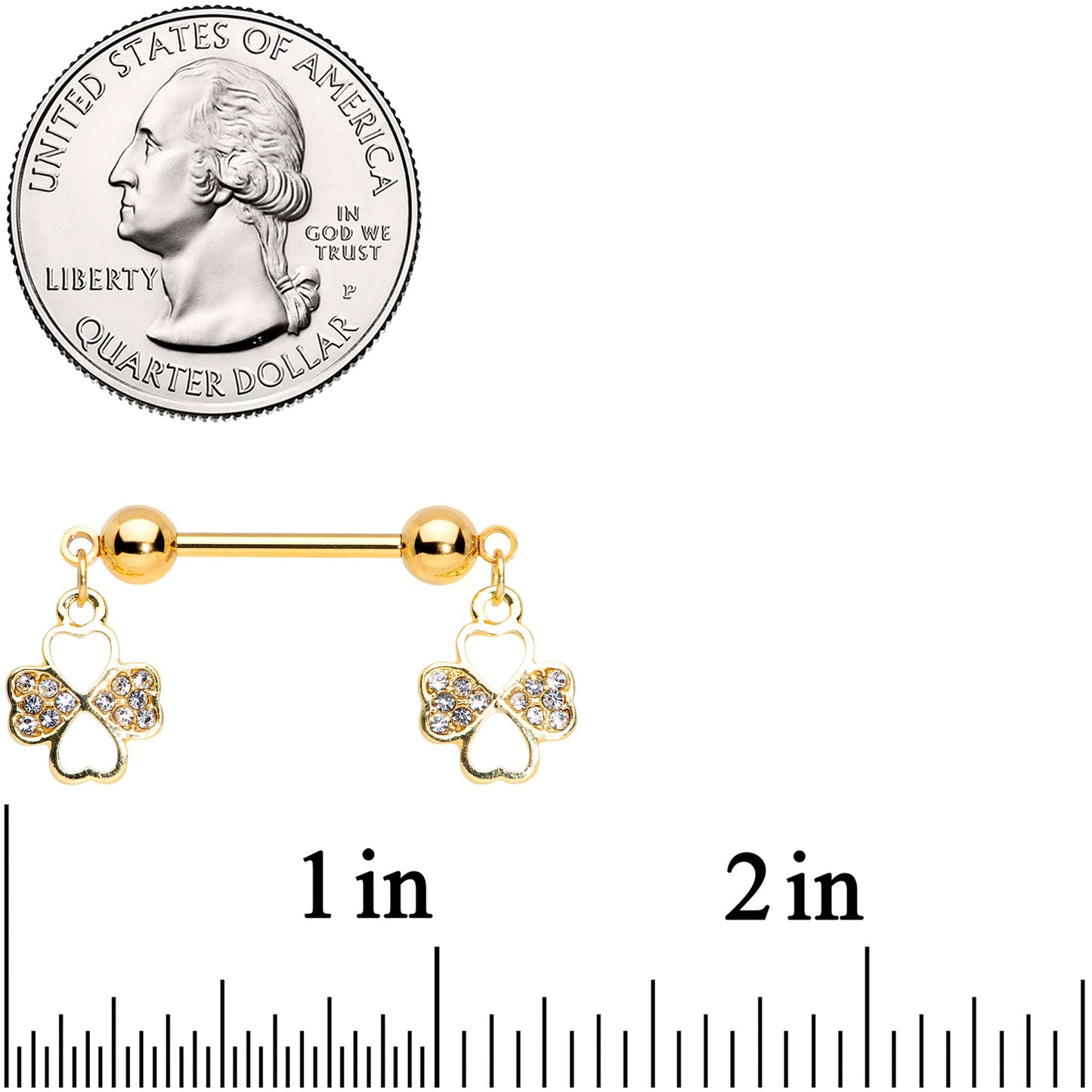 14G 9/16 Clear Gem Gold Tone Shamrock Dangle Nipple Ring Set