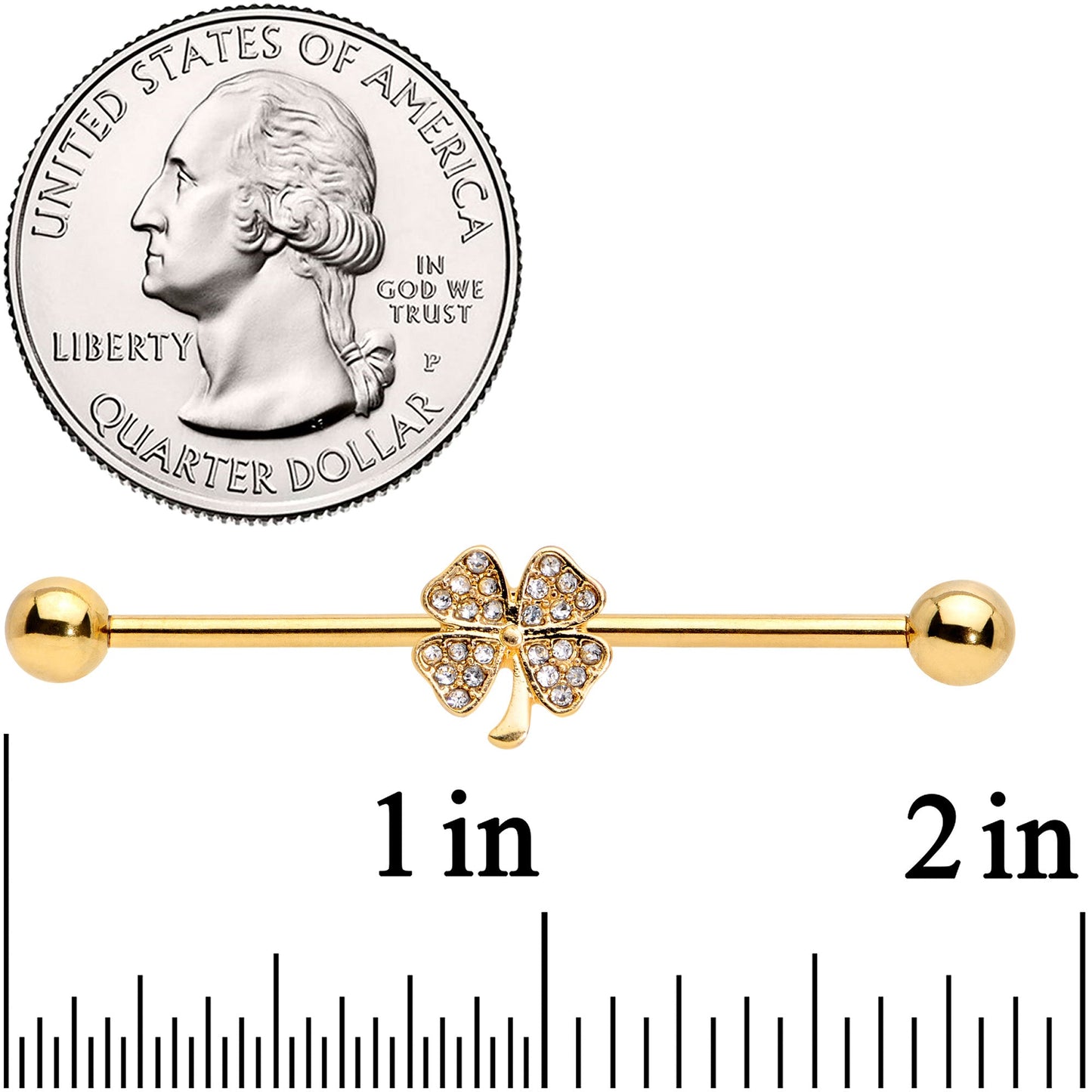 14G Clear Gem Gold Tone Shamrock Industrial Barbell 38mm