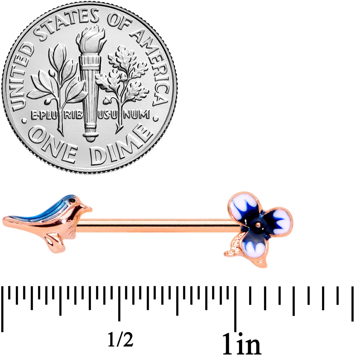 14G 9/16 Rose Gold Tone Bluebird Flower Barbell Nipple Ring Set