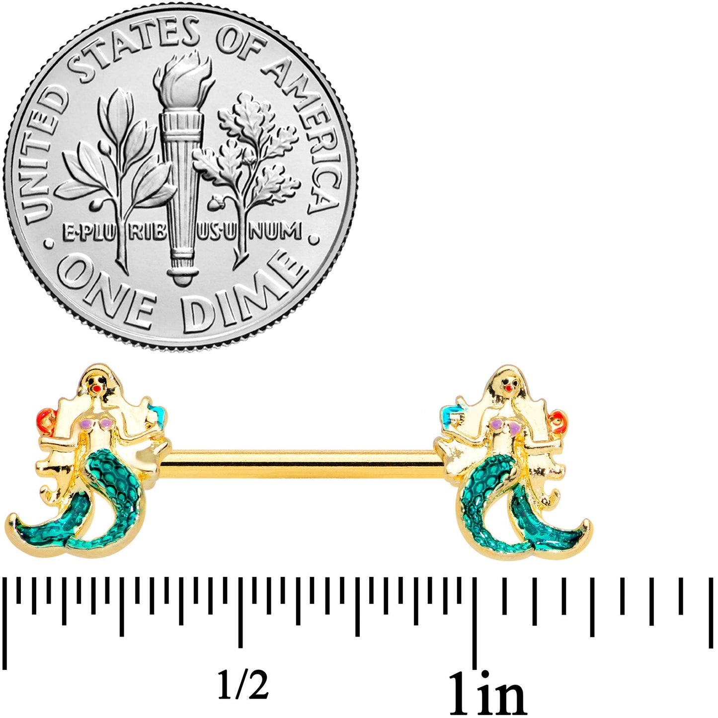 14G 9/16 Gold Tone Green Mermaids Barbell Nipple Ring Set